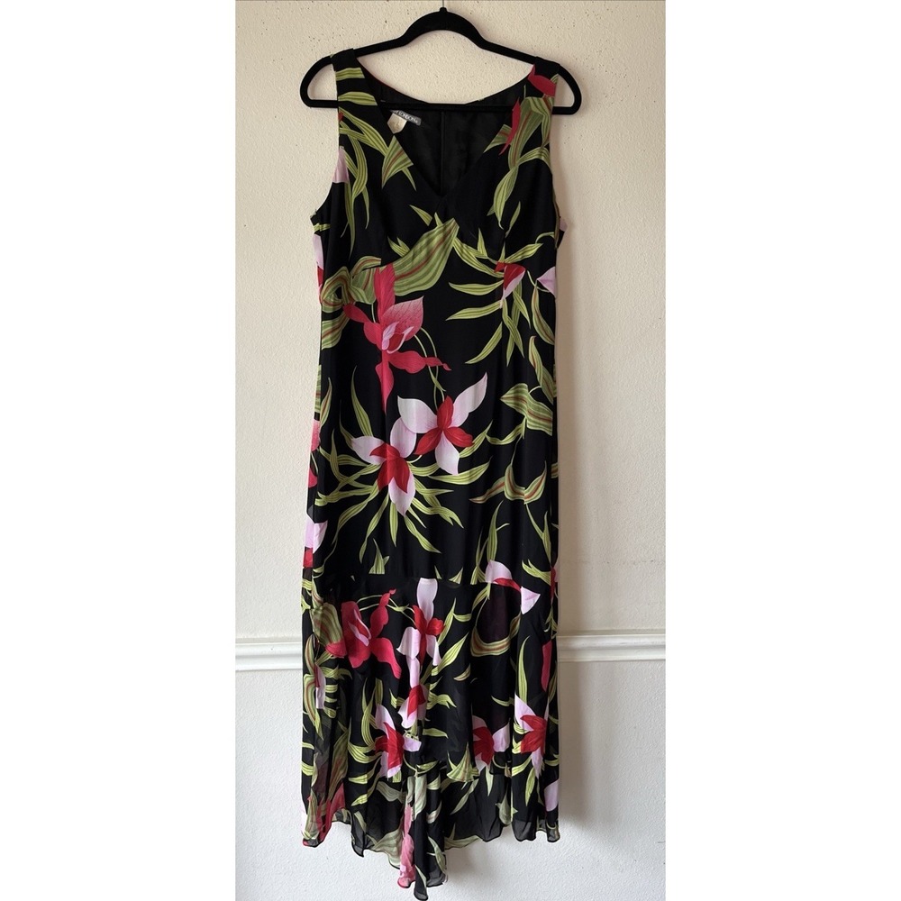 VTG 90s Maggy London  Fairy V-neck Dark Floral Print Maxi Dress 14/12 Tropical